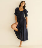 ISCHIA DRESS -- NAVY FLOCK DOT