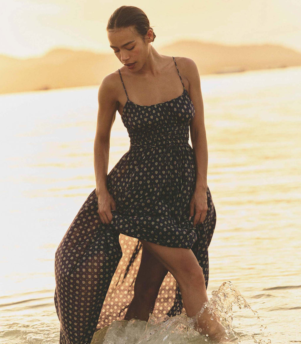 SAFIA DRESS -- NAVY CADIZ FOULARD