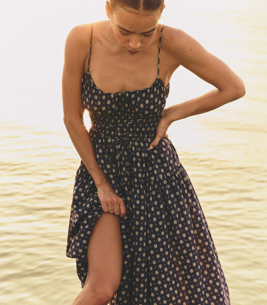 SAFIA DRESS -- NAVY CADIZ FOULARD