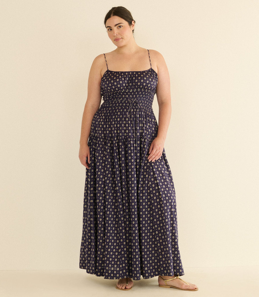 SAFIA DRESS -- NAVY CADIZ FOULARD