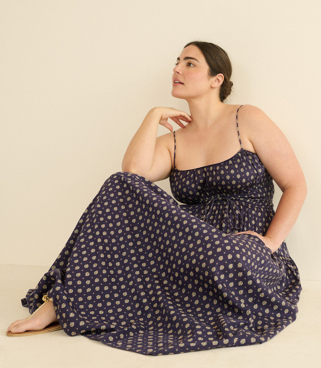SAFIA DRESS -- NAVY CADIZ FOULARD
