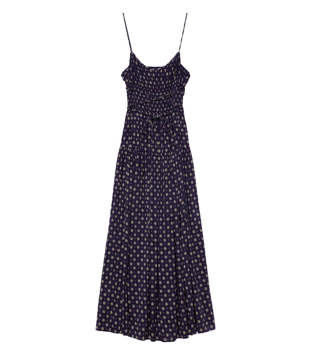 SAFIA DRESS -- NAVY CADIZ FOULARD